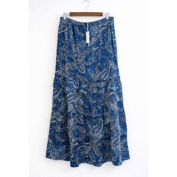Outerknown Dresses & Skirts - Modern Boho Paisley Tiered Midi Skirt Sz 10 Blue Soft Flow | Outerknown